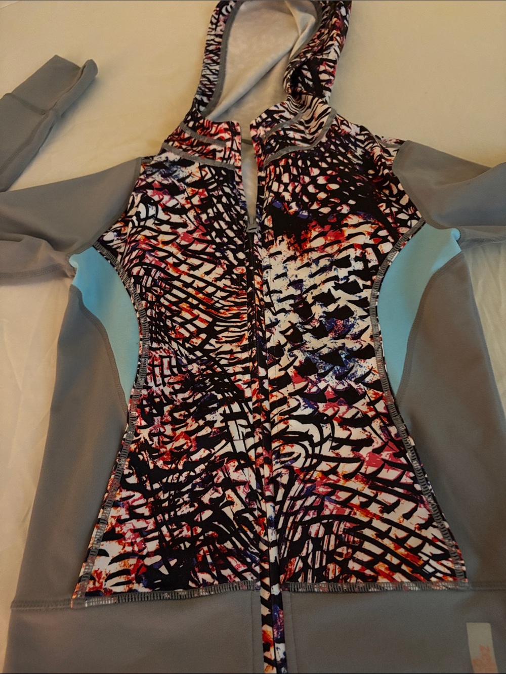 Gray Hoodie Jacket with Multicolor Abstract Print